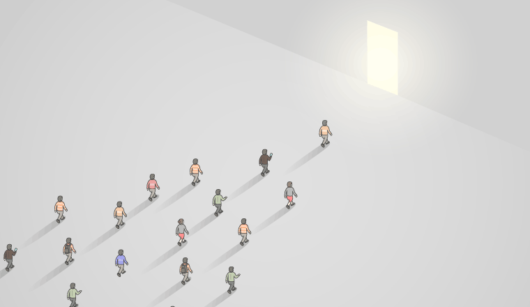 Group of people walking towards a door