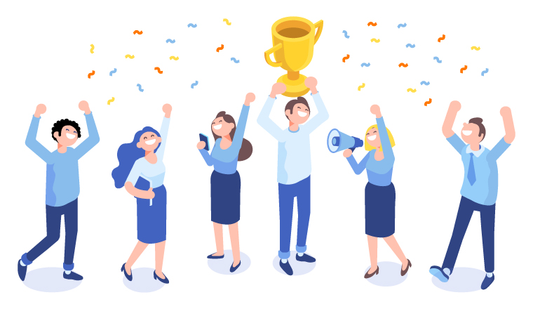 Six people are celebrating winning a trophy