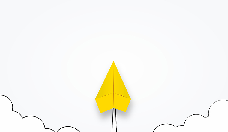 A picture of a paper airplane launchng to the sky