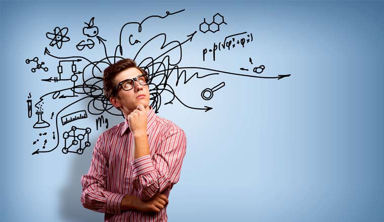 A picture of a person thinking with sketched ideas in the background