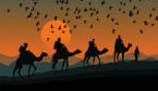 A picture of birds and camels on a journey