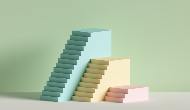 A 3D image of yellow, blue and pink steps