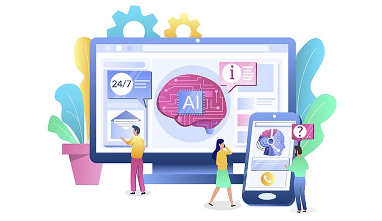 An illustration of small people looking at aspects of customer service that have been automated
