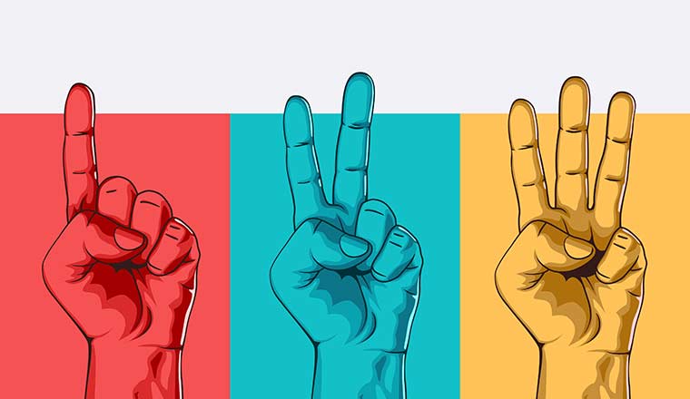 Set of counting one two three hand sign. Three steps concept.