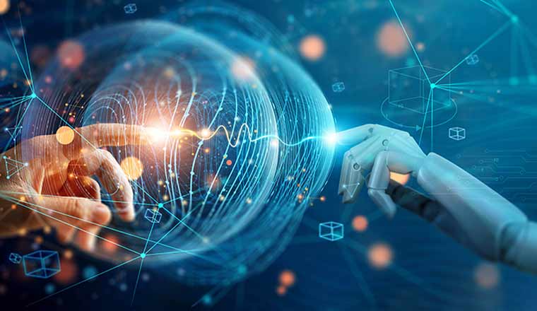 Hand of robot and human connected on network