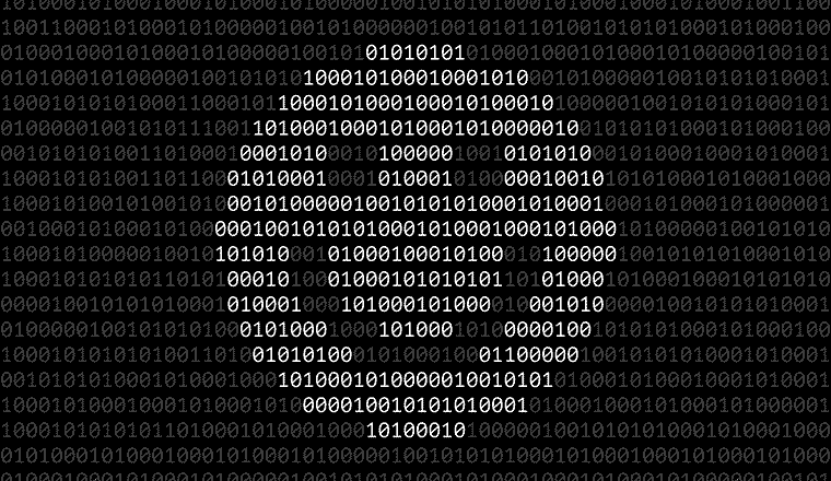 White happy smiling face icon made from binary symbols, over dark binary code.