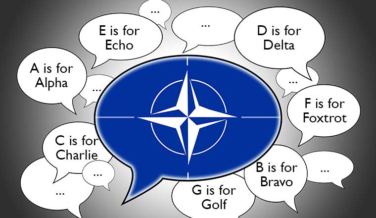 Speech bubbles with NATA phonetic Alphabet - NATO flag in the front