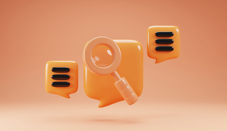 A speech bubble with magnifying glass - conversation analytics concept