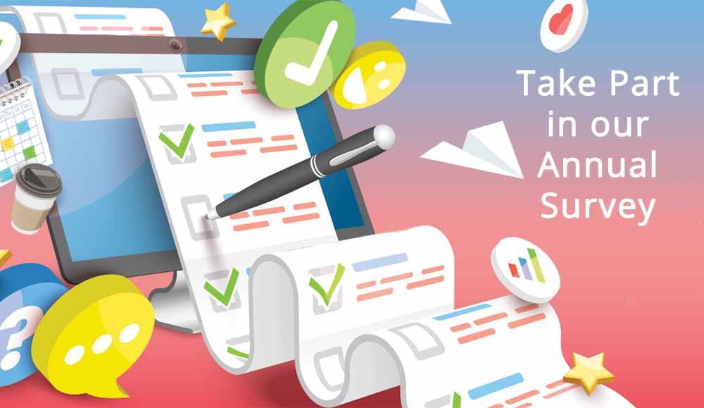 tablet, paper and pen on pink and blue background