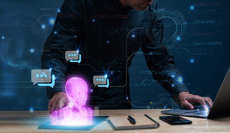 Ai connection and automation concept with digital head and speech bubbles