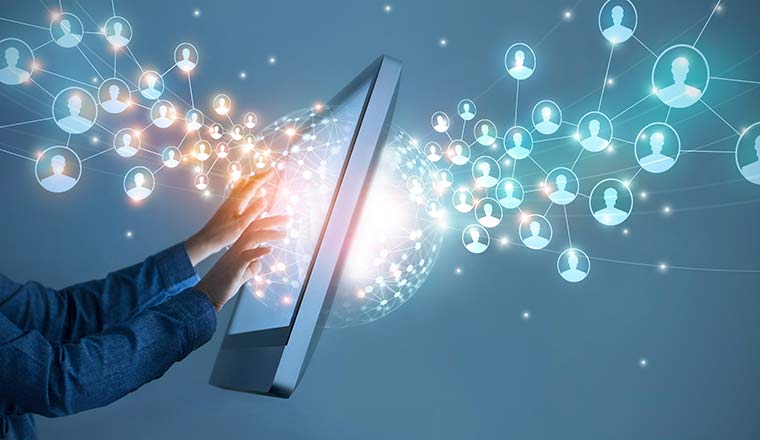 Customer icons heading through screen - customer journey and data concept