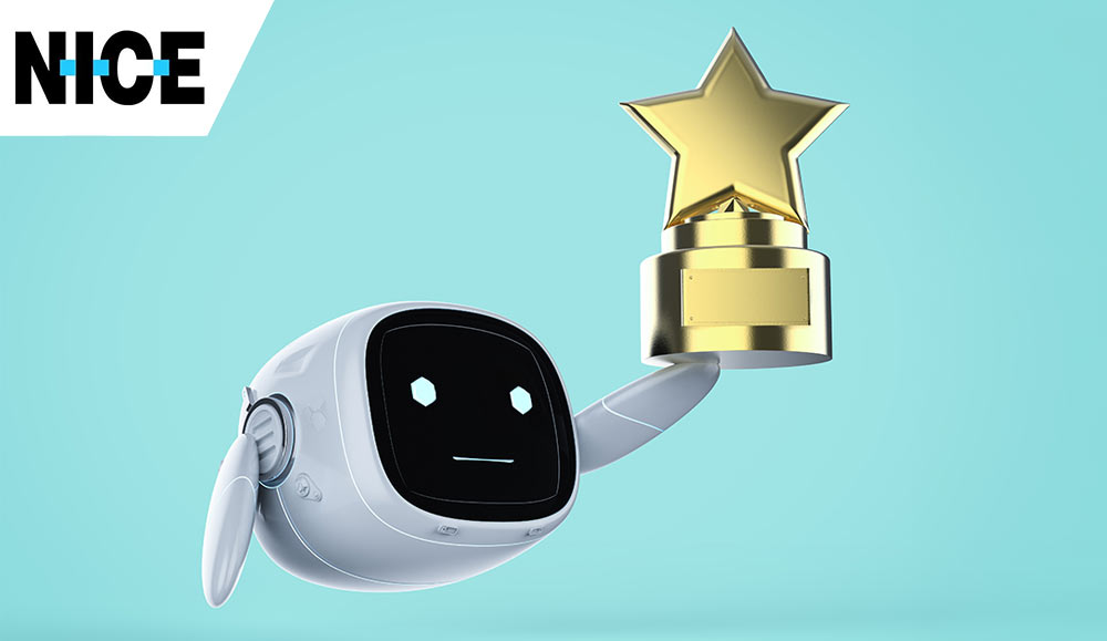 Mini robot holding a gold trophy