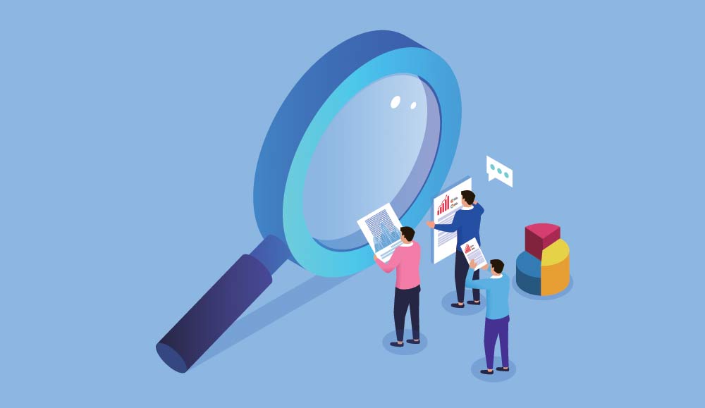 magnifying glass with figures of people holding data graphs