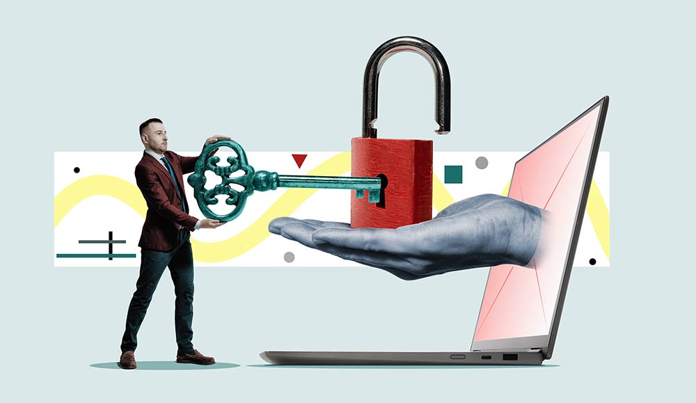 person putting a key into a lock. Decoding concept