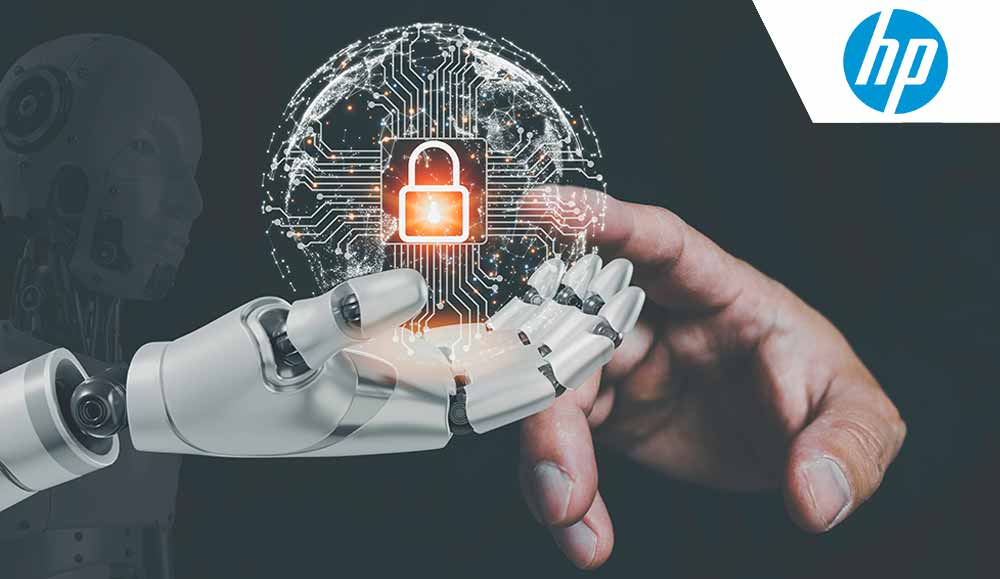 Robot hand holding a digital lock with human hand pointing at the lock