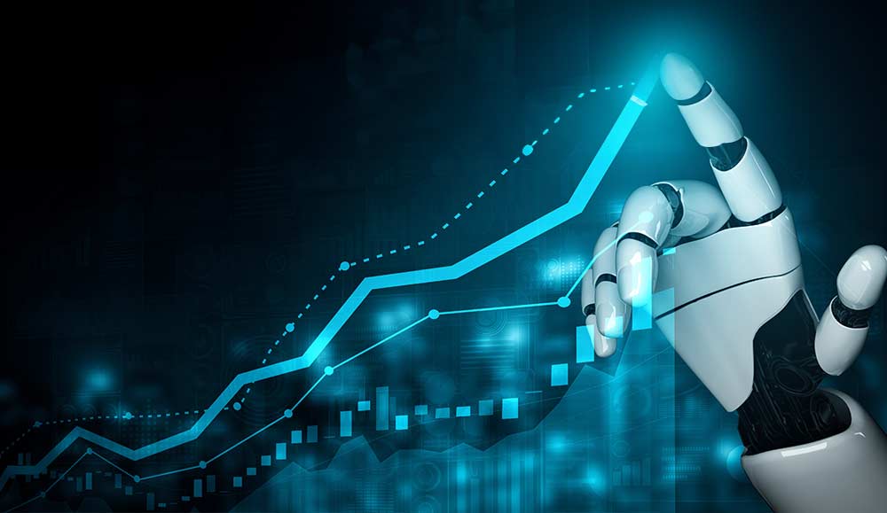 Robot hand pointing to the top point on a graph