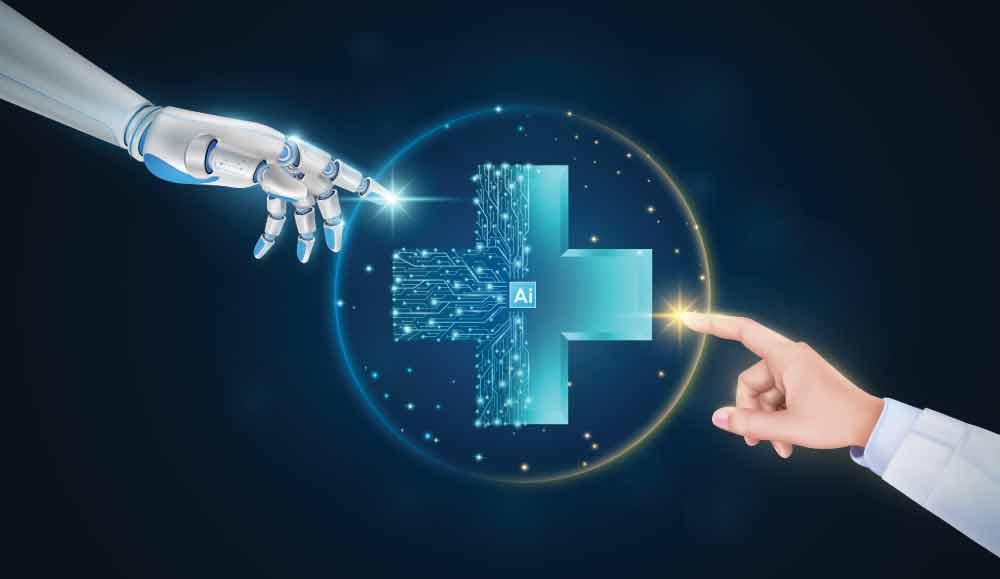 AI robot hand and human hand touching medical plus symbol