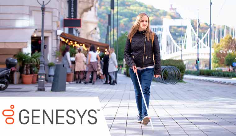 Portrait of blind person with white cane walking on the street