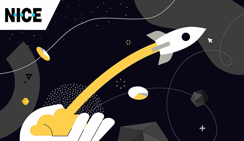 Product launch concept illustration with a rocket and hand with a cloud