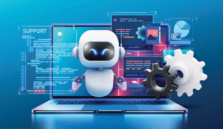 mini robot with screens of text on a computer behind it