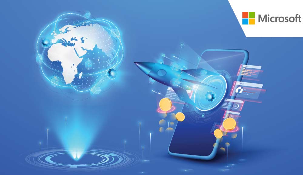 Rocket launching out of a phone into a globe