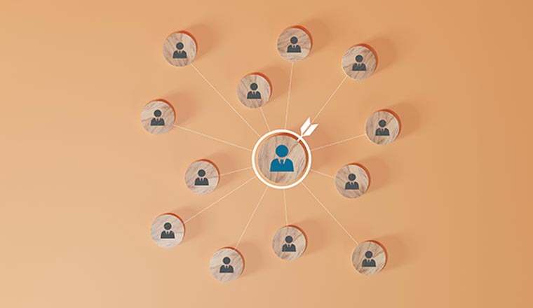 Wooden cube block print screen person icon which link connection network for organisation structure social network