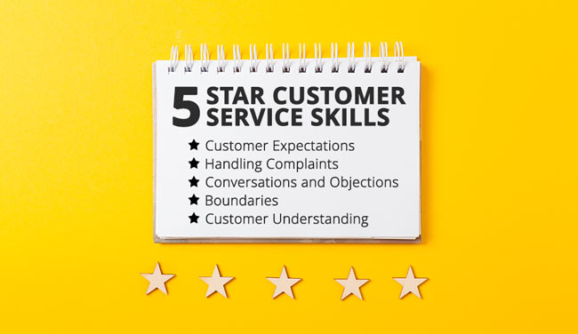 A white notebook on a yellow background and five stars - 5 star customer service skills