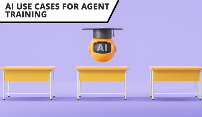 AI in training concept with robot in graduation hat and desks