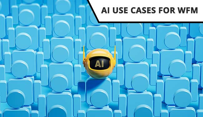 Row of blue people figures standing and yellow AI bot - AI in WFM concept