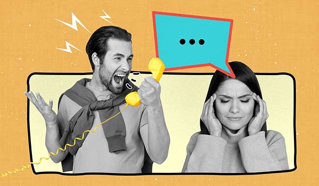 Collage 3d image of pop retro sketch image of angry man screaming confused help line lady isolated