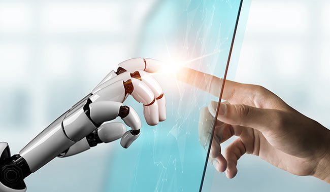 Ai and human hands touching through a glass