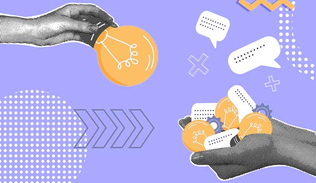 Gathering feedback concept with one hand holding idea lightbulb and another with speech bubbles