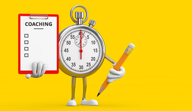 Coaching time concept with a stopwatch holding a notepad and coaching checklist