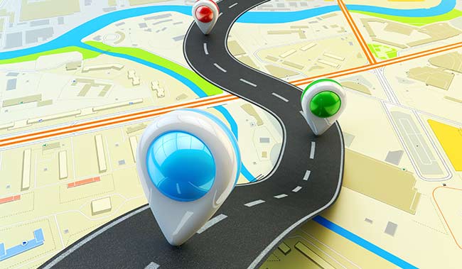 Road map with plotted location points on it