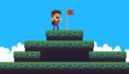 Gamification concept with pixel art happy character on top of mountain with raised flag