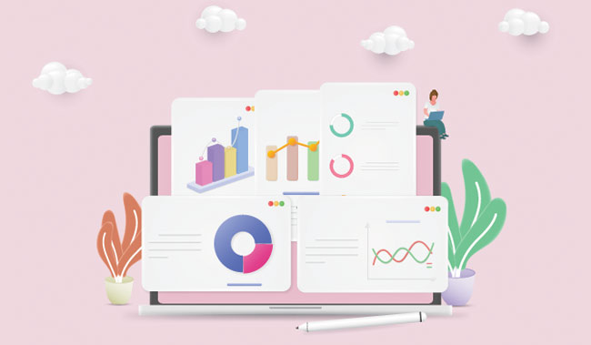 A dashboard with graphs on it - on a pink background