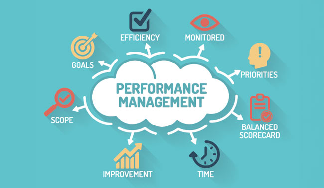 Performance Management - Chart with keywords and icons