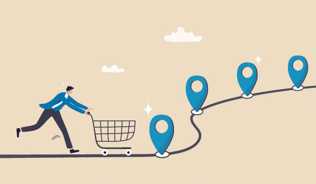 Person pushing a shopping trolly on a line with pin points