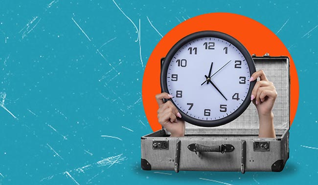 A contemporary artistic collage depicting hands holding mechanical clocks emerging from a vintage suitcase