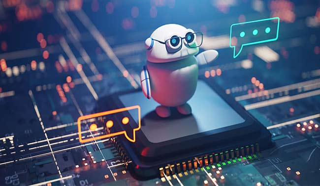 Conversational copilot AI robot with speech bubble