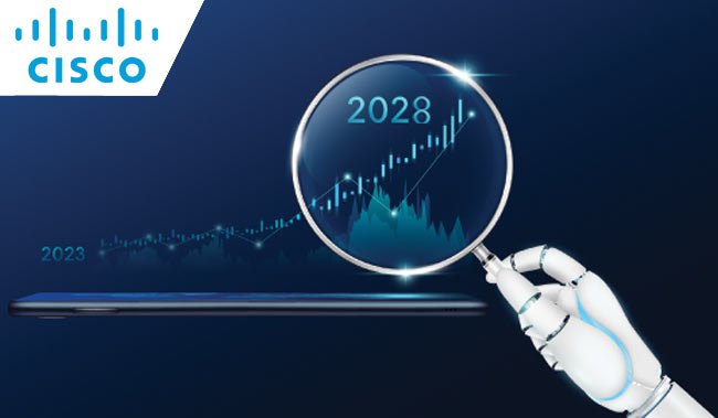 Robot holding magnifying glass look chart stock market growth 2028