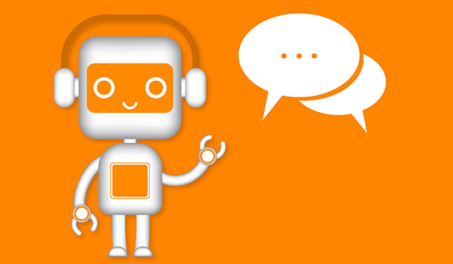 Robot with a headset on and speech bubbles next to it