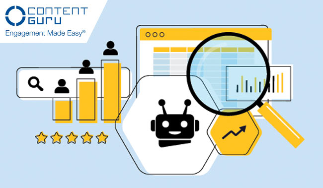 Magnifying glass over a image of a robot, calendar and 5 stars
