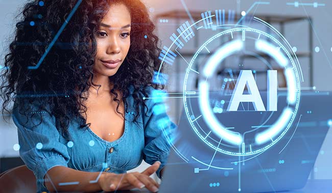 Women on a laptop with a digital interface of AI