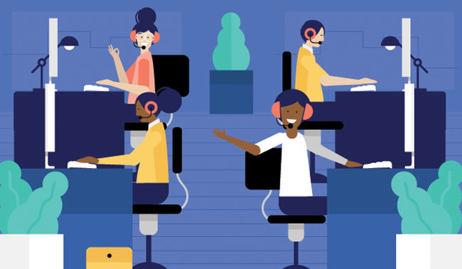 A colourful vector illustration of a modern call centre office with agents at their desks