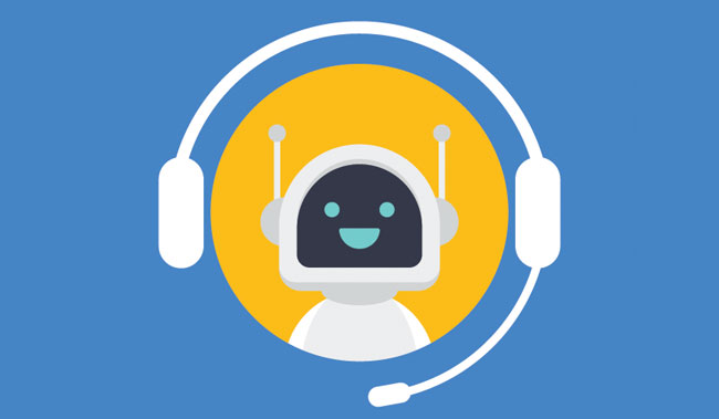 Smiling chatbot on blue and yellow background
