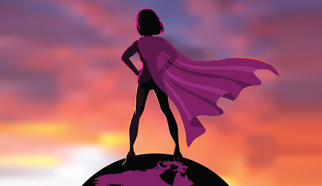 Superhero standing on top of world - empowerment concept