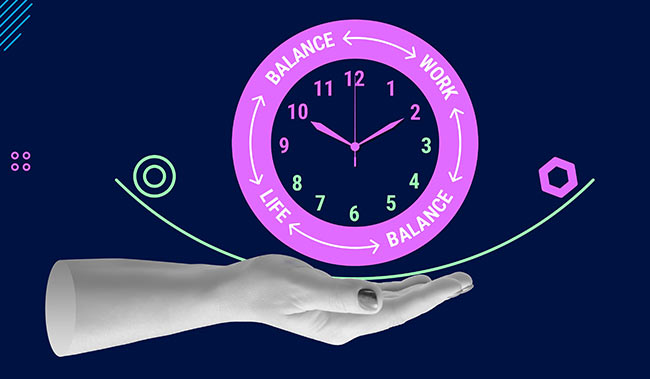 Hand holds neon clock symbolizing work-life balance. Ideal for business, productivity, and wellness themes