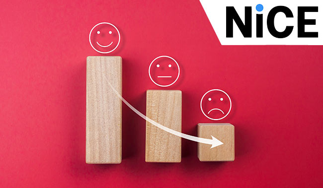 Rising arrow down on sad face appear on wooden cube blocks