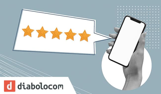 Picture of a mobile phone with 5 stars coming out of it